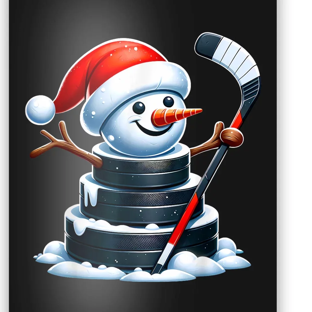 Cartoon Ice Hockey Puck Snowman With Santa Hat Christmas Poster