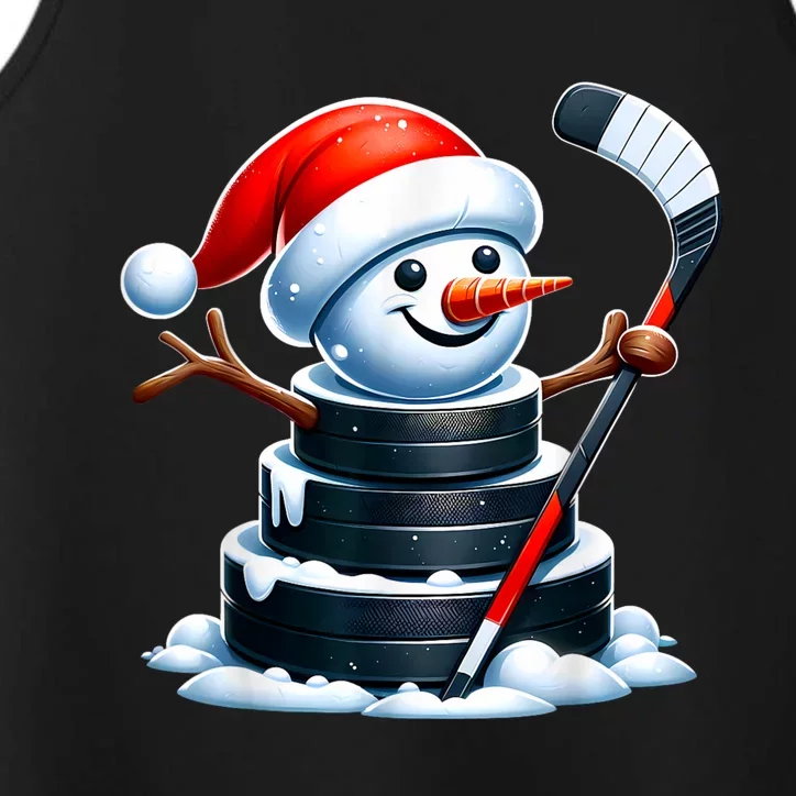 Cartoon Ice Hockey Puck Snowman With Santa Hat Christmas Performance Tank