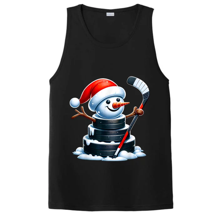 Cartoon Ice Hockey Puck Snowman With Santa Hat Christmas Performance Tank