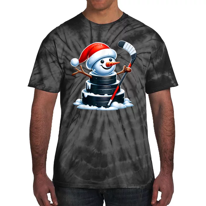 Cartoon Ice Hockey Puck Snowman With Santa Hat Christmas Tie-Dye T-Shirt