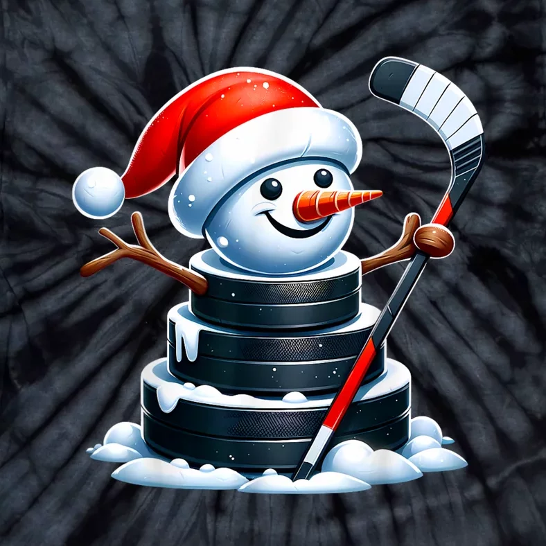 Cartoon Ice Hockey Puck Snowman With Santa Hat Christmas Tie-Dye T-Shirt