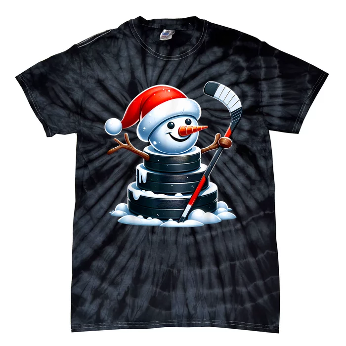 Cartoon Ice Hockey Puck Snowman With Santa Hat Christmas Tie-Dye T-Shirt