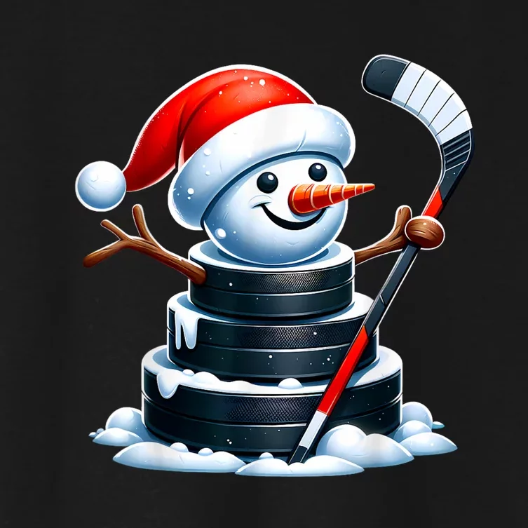 Cartoon Ice Hockey Puck Snowman With Santa Hat Christmas Women's Crop Top Tee