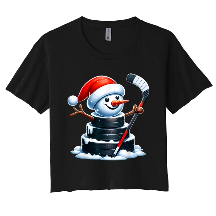 Cartoon Ice Hockey Puck Snowman With Santa Hat Christmas Women's Crop Top Tee