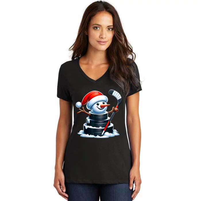 Cartoon Ice Hockey Puck Snowman With Santa Hat Christmas Women's V-Neck T-Shirt