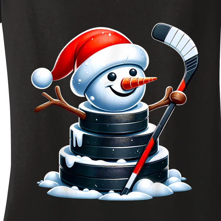 Cartoon Ice Hockey Puck Snowman With Santa Hat Christmas Women's V-Neck T-Shirt