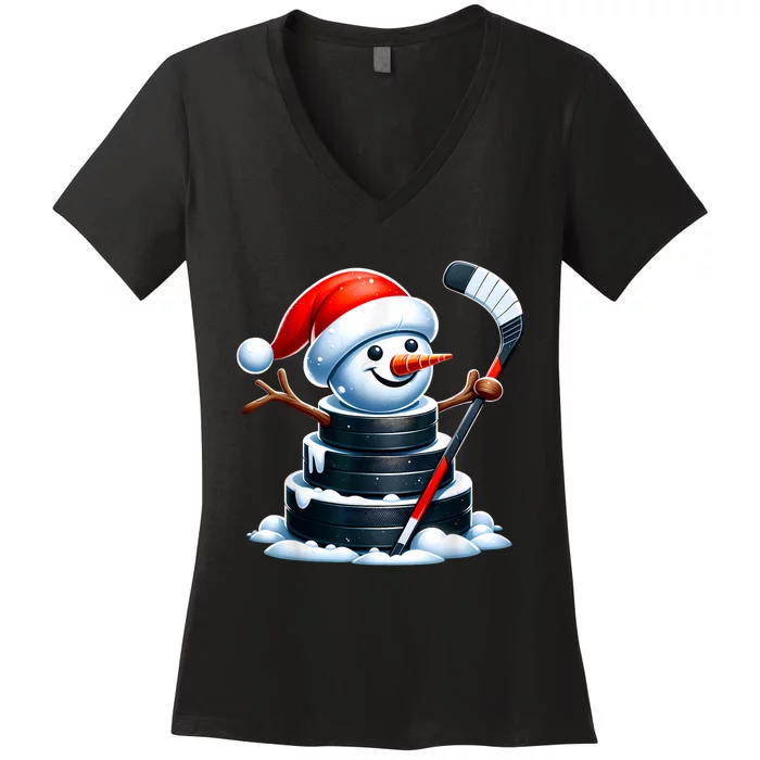 Cartoon Ice Hockey Puck Snowman With Santa Hat Christmas Women's V-Neck T-Shirt