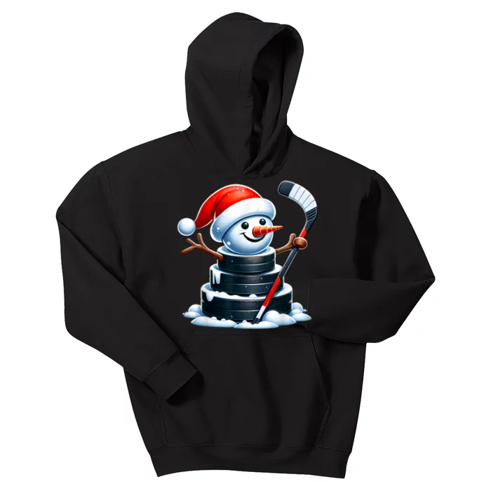 Cartoon Ice Hockey Puck Snowman With Santa Hat Christmas Kids Hoodie