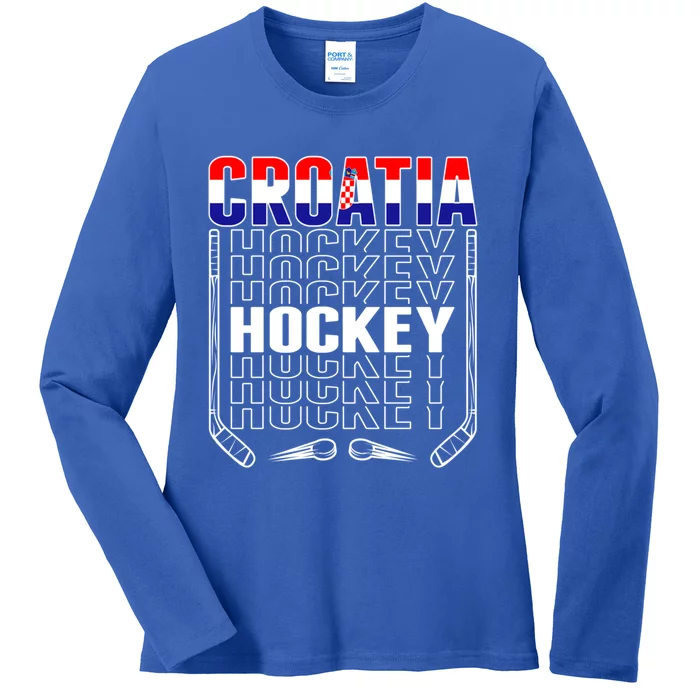 Croatia Ice Hockey Fans Jersey Croatian Flag Hockey Sticks Gift Ladies Long Sleeve Shirt