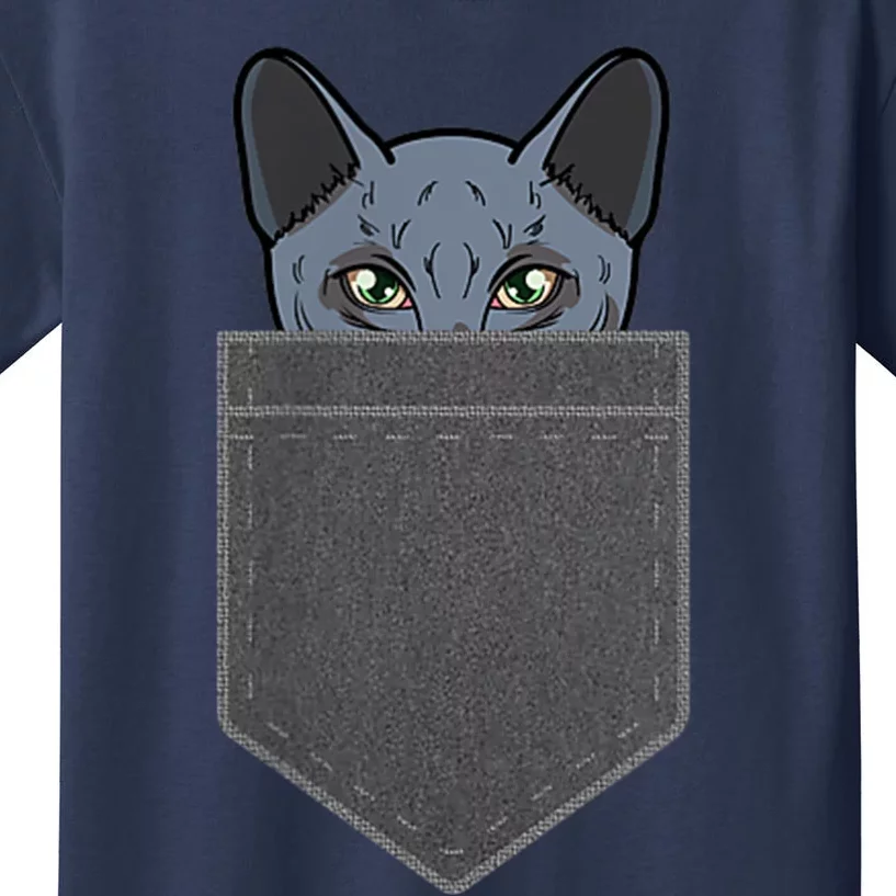 Cat In He Pocket Peeking Russian Blue Cat Mom Gifts Kids T-Shirt