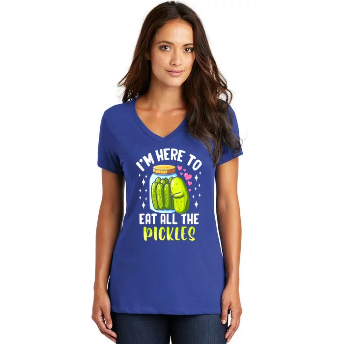 Cute Im Here To Eat All The Pickles Pickle Cucumber Vegetarian Gift Women's V-Neck T-Shirt