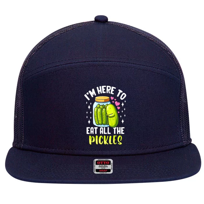 Cute Im Here To Eat All The Pickles Pickle Cucumber Vegetarian Gift 7 Panel Mesh Trucker Snapback Hat