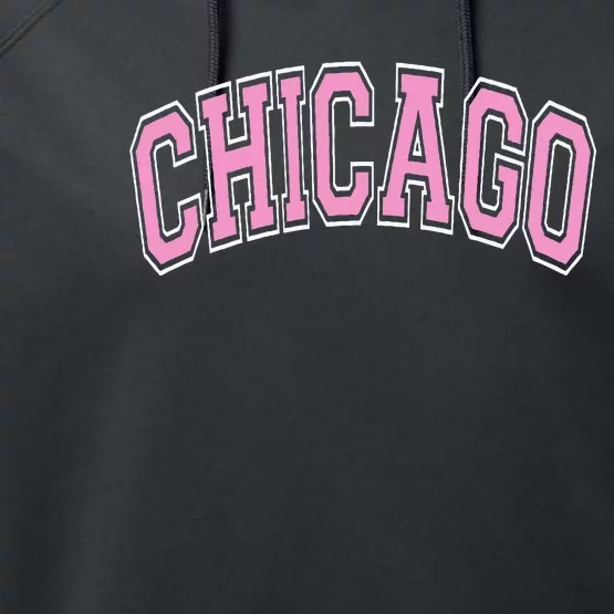 Chicago Illinois IL Varsity Style Pink Text Performance Fleece Hoodie