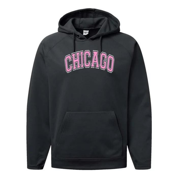 Chicago Illinois IL Varsity Style Pink Text Performance Fleece Hoodie