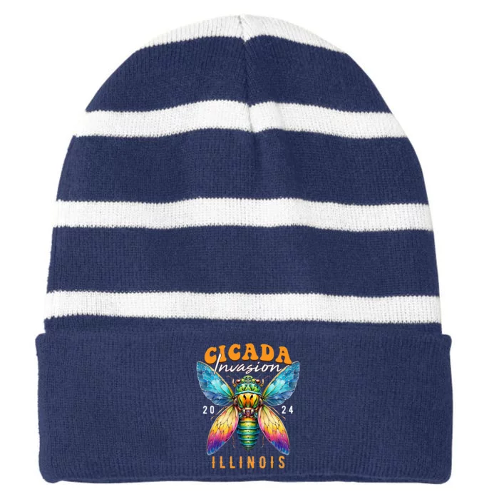 Cicada Invasion Illinois 2024 Insect Broods Xix And Xiii Striped Beanie with Solid Band