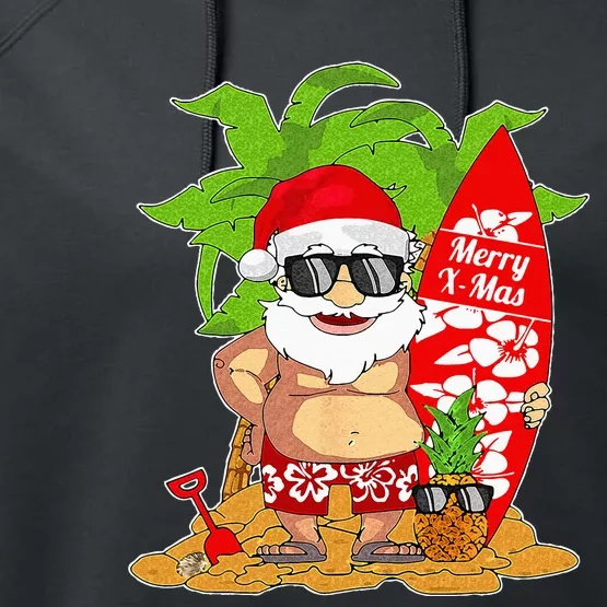 Christmas In July Santa Surfing Hawaiian Party Performance Fleece Hoodie