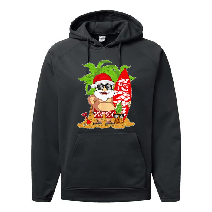 Christmas In July Santa Surfing Hawaiian Party Performance Fleece Hoodie