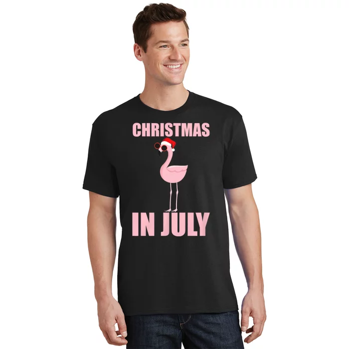 Christmas In July | Funny Flamingo In Santa Hat T-Shirt