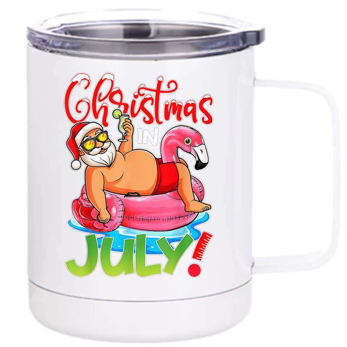 Christmas In July Flamingo Santa Summer Vacation Front & Back 12oz Stainless Steel Tumbler Cup