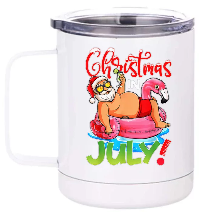 Christmas In July Flamingo Santa Summer Vacation Front & Back 12oz Stainless Steel Tumbler Cup