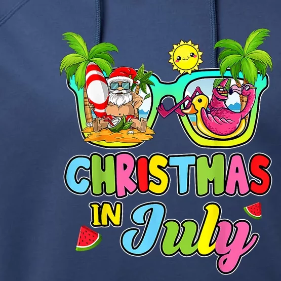 Christmas In July Funny Santa Surfing Summer Beach Vacation Performance Fleece Hoodie