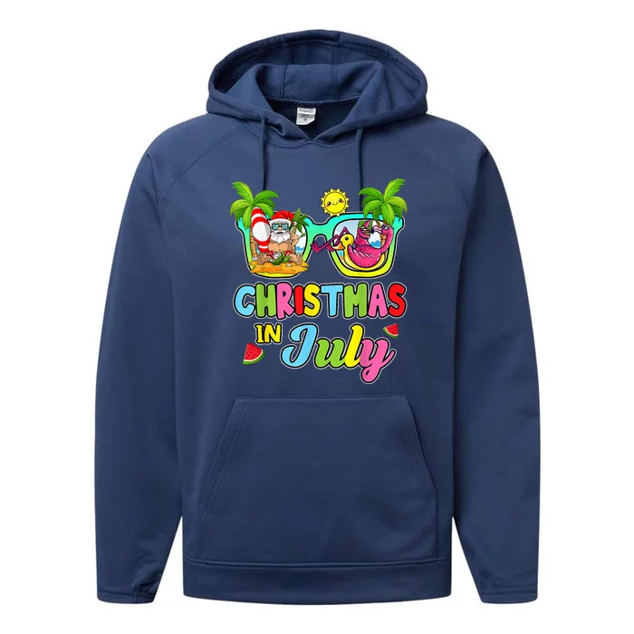 Christmas In July Funny Santa Surfing Summer Beach Vacation Performance Fleece Hoodie