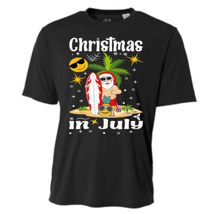 Christmas In July Santa Hat Sunglasses Summer Vacation Beach Cooling Performance Crew T-Shirt