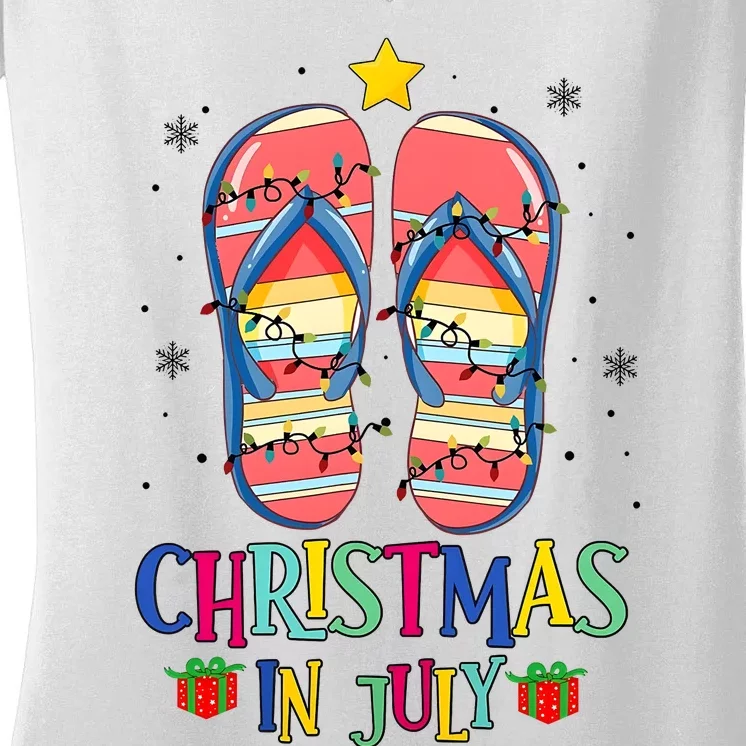 Christmas In July Summer Beach Slipper Christmas Light Women's V-Neck T-Shirt