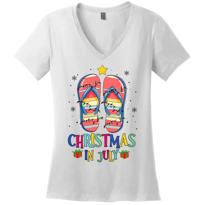 Christmas In July Summer Beach Slipper Christmas Light Women's V-Neck T-Shirt