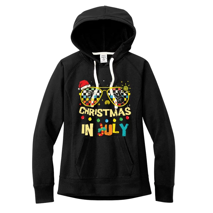 Christmas In July Santa Hat Sunglasses Summer Vacation Beach Women's Fleece Hoodie