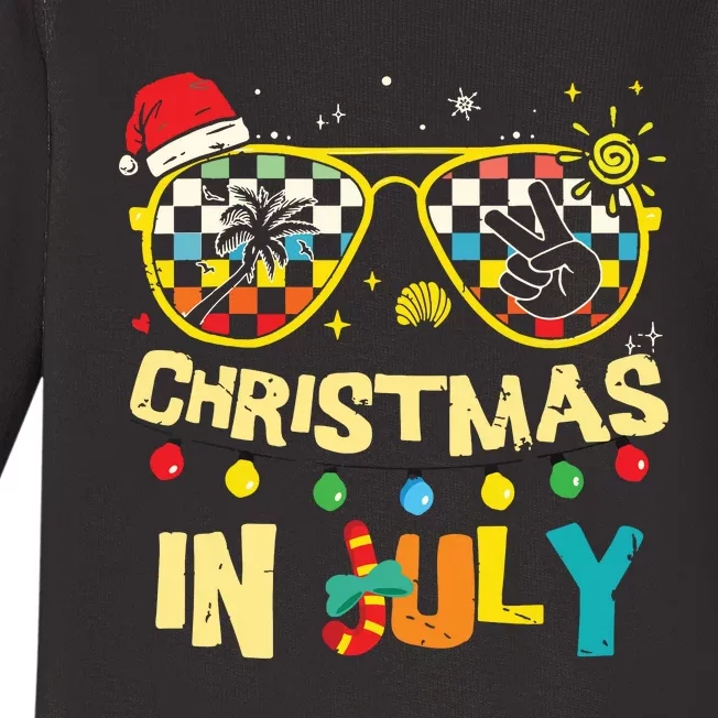 Christmas In July Santa Hat Sunglasses Summer Vacation Beach Baby Long Sleeve Bodysuit