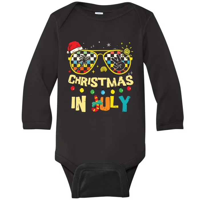 Christmas In July Santa Hat Sunglasses Summer Vacation Beach Baby Long Sleeve Bodysuit