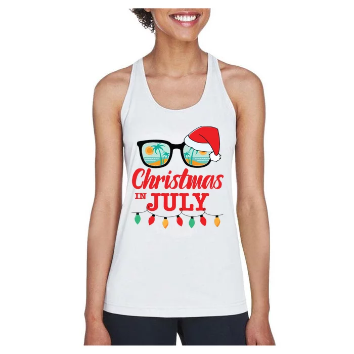 Christmas In July With Sunglasses Santa Hat For Summer Xmas Women's Racerback Tank