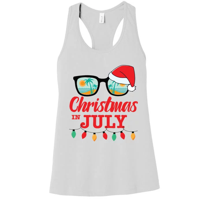 Christmas In July With Sunglasses Santa Hat For Summer Xmas Women's Racerback Tank