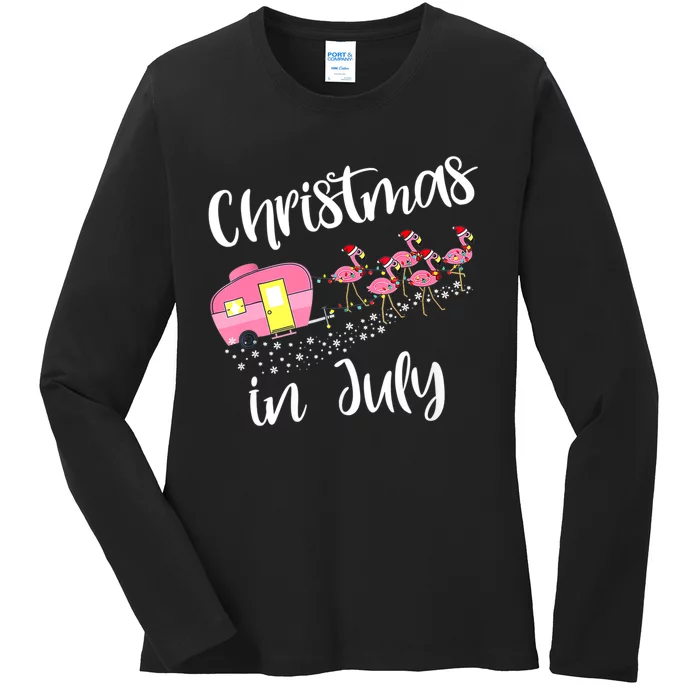 Christmas In July Flamingo Pink Funny Camping Camper Ladies Long Sleeve Shirt