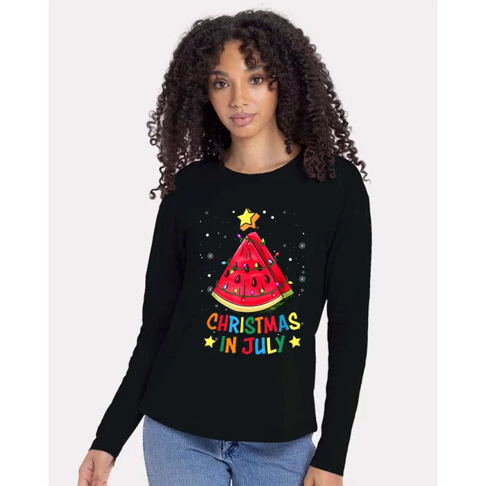 Christmas In July Watermelon Christmas Tree Summer Vacation Womens Cotton Relaxed Long Sleeve T-Shirt