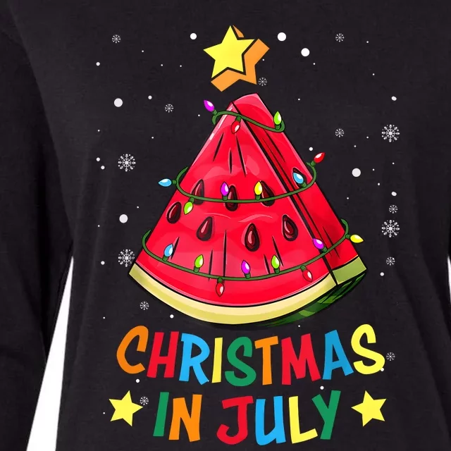 Christmas In July Watermelon Christmas Tree Summer Vacation Womens Cotton Relaxed Long Sleeve T-Shirt