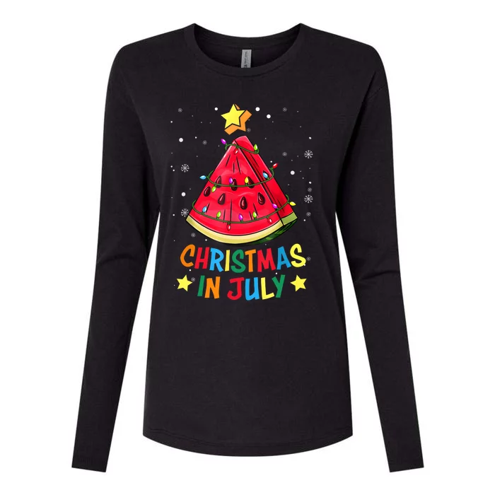 Christmas In July Watermelon Christmas Tree Summer Vacation Womens Cotton Relaxed Long Sleeve T-Shirt