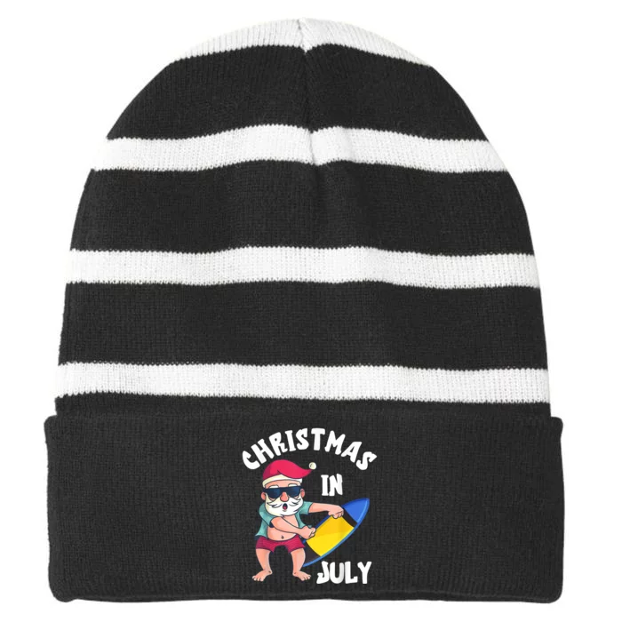 Christmas In July Santa Surfboard Summer Vacation Surfiing Striped Beanie with Solid Band