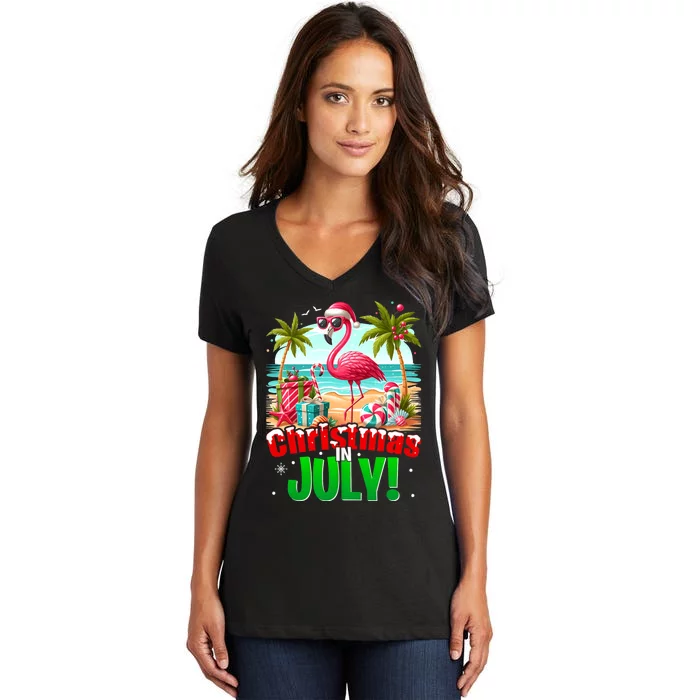 Christmas In July Flamingo Beach Summer Hawaii Women's V-Neck T-Shirt