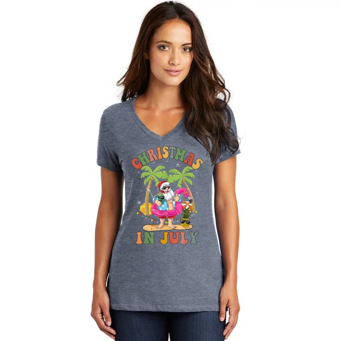 Christmas In July Shirt Funny Santa Summer Beach Vacation Women's V-Neck T-Shirt