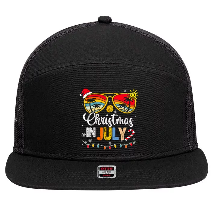 Christmas In July Santa Hat Sunglasses Summer Vacation 7 Panel Mesh Trucker Snapback Hat