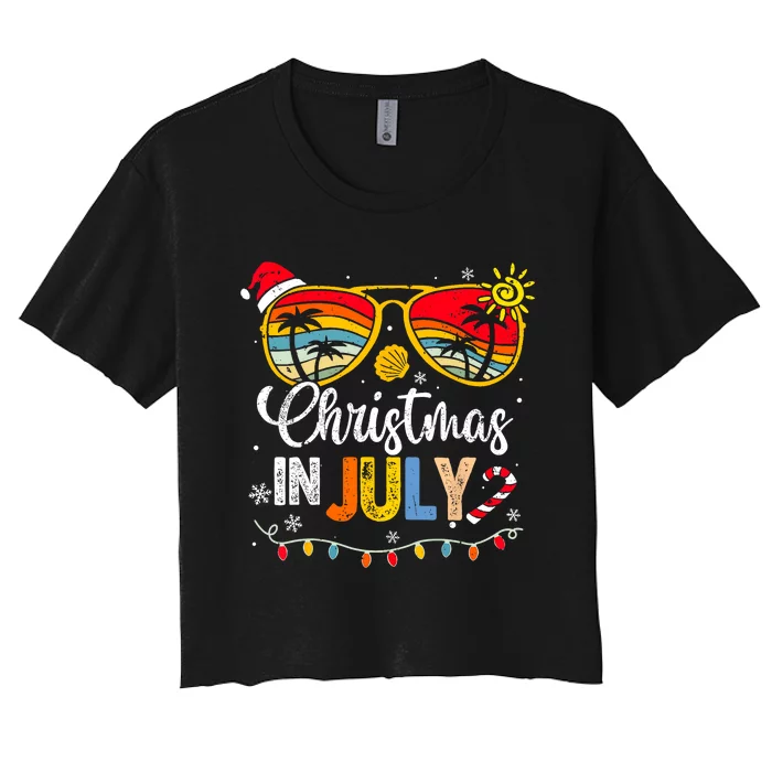 Christmas In July Santa Hat Sunglasses Summer Vacation Women's Crop Top Tee