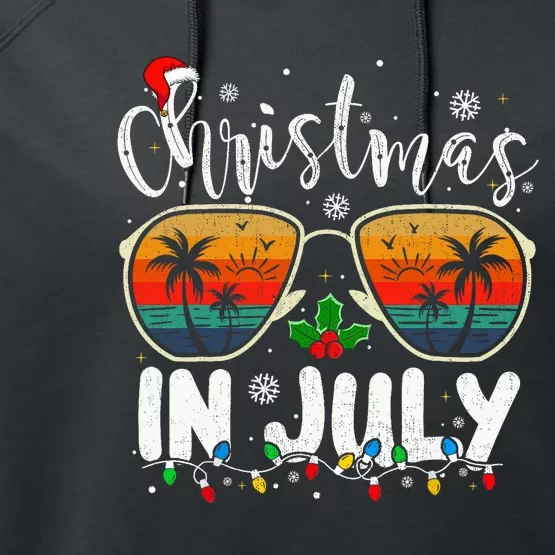 Christmas In July Santa Hat Sunglasses Summer Vacation Beach Performance Fleece Hoodie