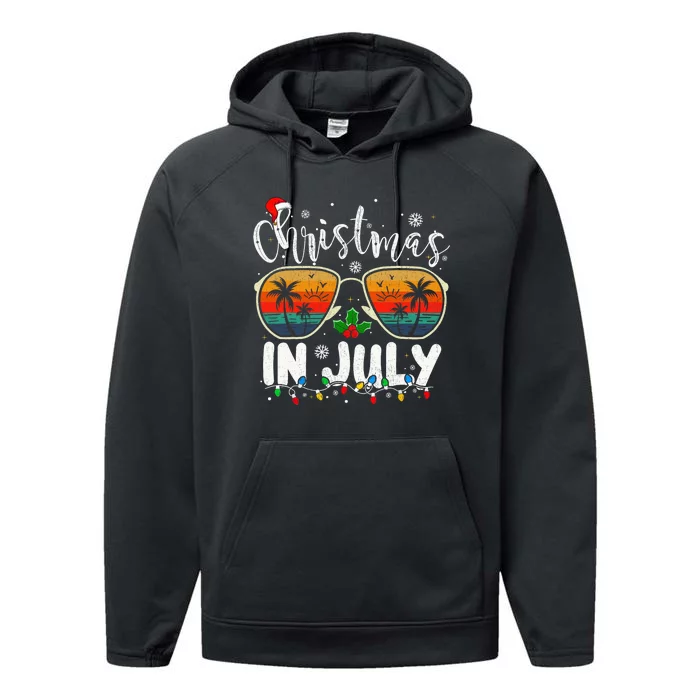 Christmas In July Santa Hat Sunglasses Summer Vacation Beach Performance Fleece Hoodie