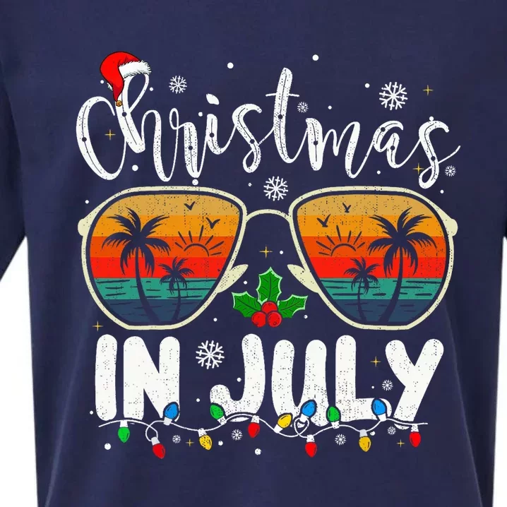 Christmas In July Santa Hat Sunglasses Summer Vacation Beach Sueded Cloud Jersey T-Shirt