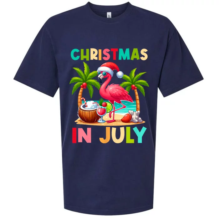 Christmas In July Tropical Pink Flamingo Beach Summer Sueded Cloud Jersey T-Shirt