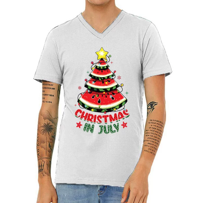 Christmas In July Shirts Watermelon Xmas Tree V-Neck T-Shirt