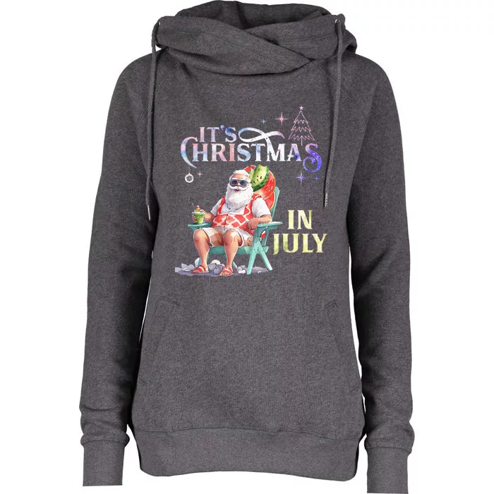 Christmas In July Santa Beach Summer Float Xmas Funny Womens Funnel Neck Pullover Hood