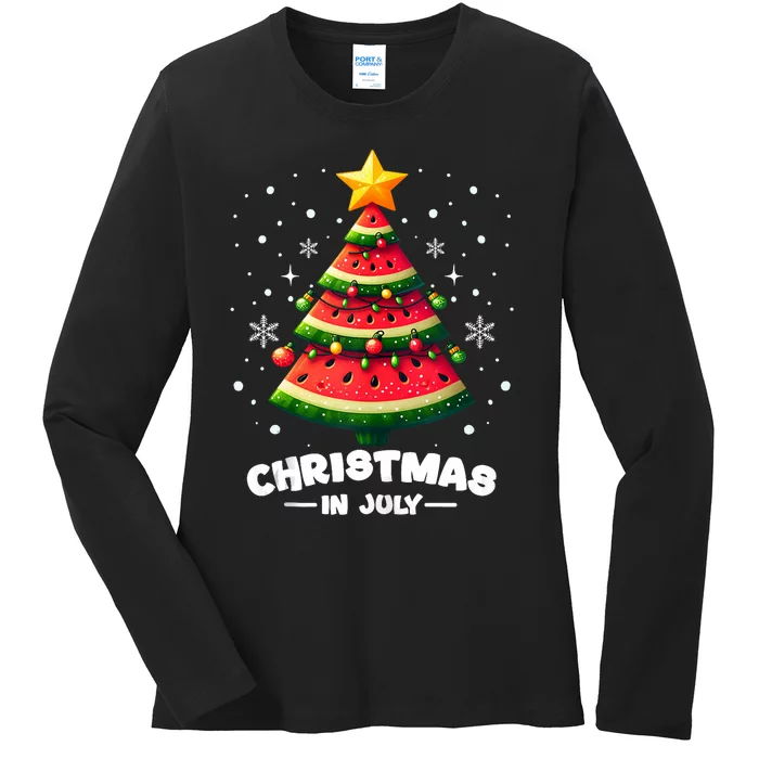 Christmas In July Watermelon Xmas Tree Summer Ladies Long Sleeve Shirt